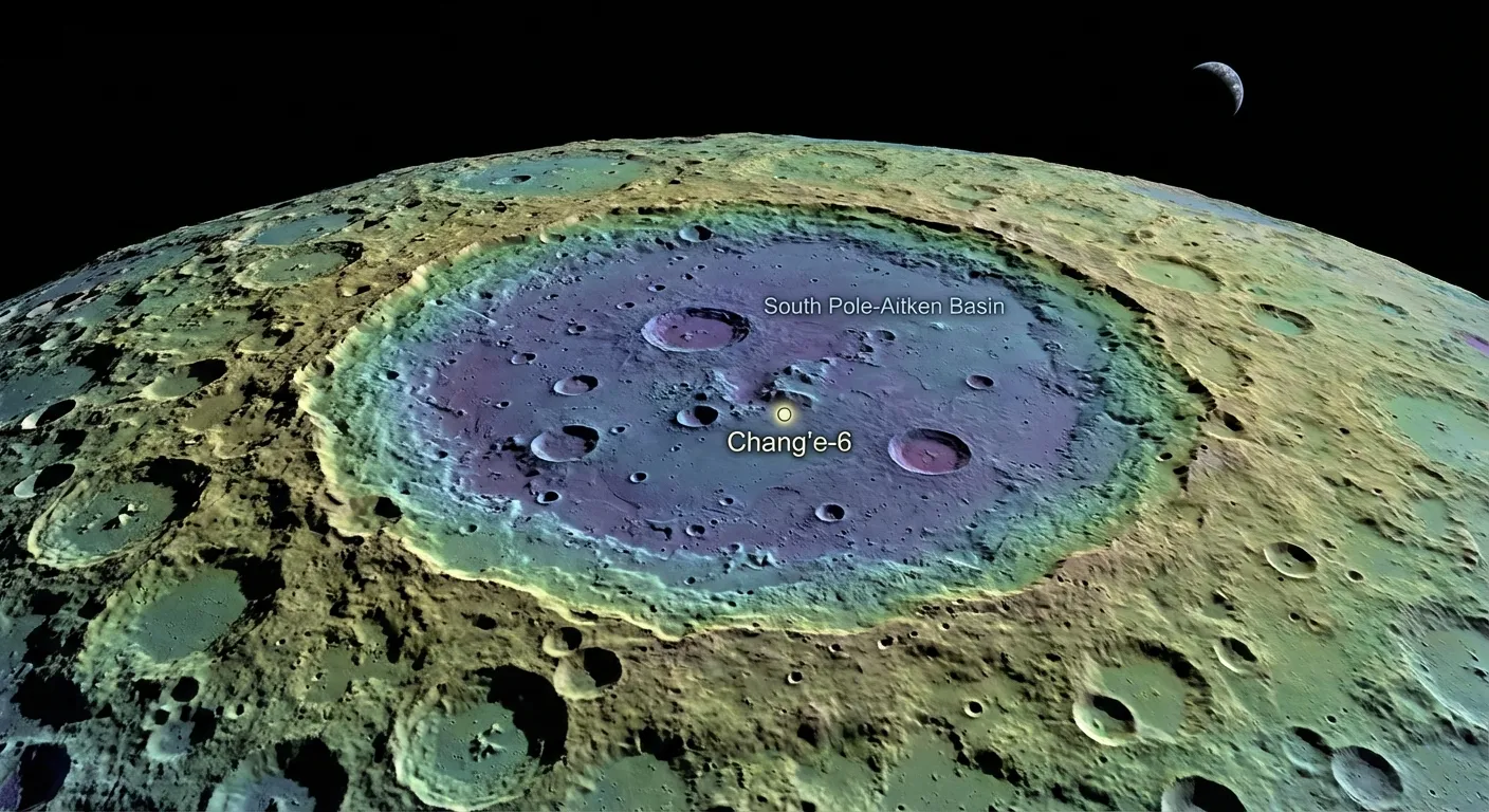 Far side of the Moon showing South Pole Aitken Basin with Chang'e-6 landing site marked