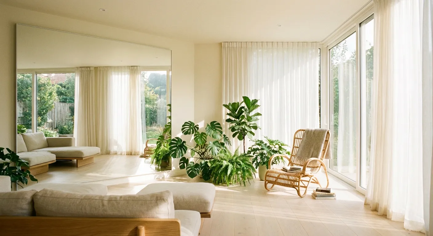 Bright living room with large windows showing optimal natural light design