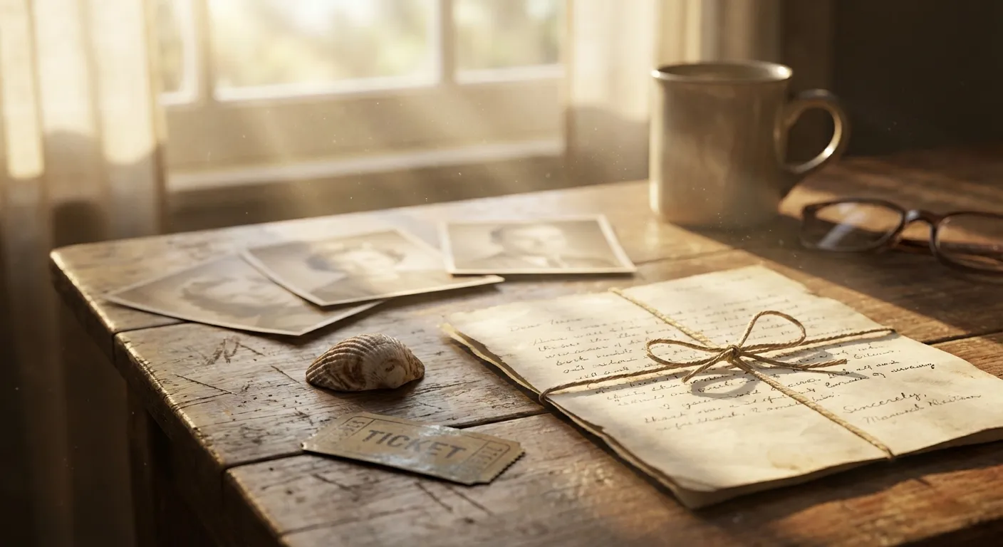 Warm golden light illuminating old photographs and meaningful keepsakes