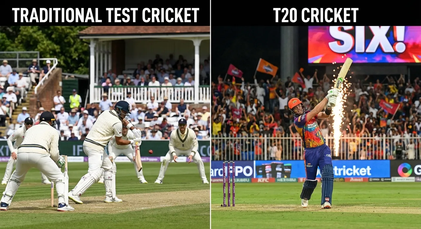 Split screen showing traditional test cricket versus modern T20 format action