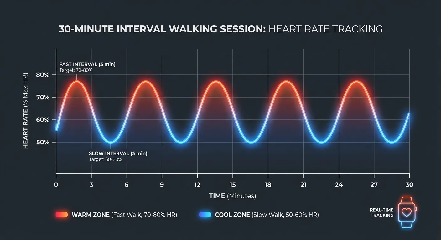 Heart rate graph showing alternating high and low intervals during walking session