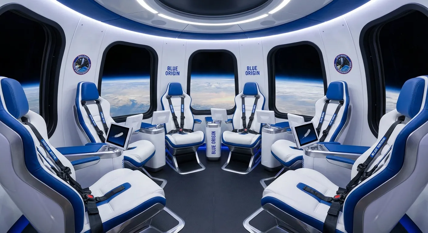 Space capsule interior showing passenger seating with modified restraint systems