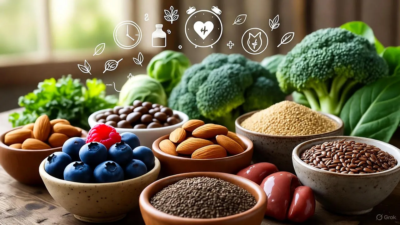 Colorful display of nutrient-dense foods including blueberries, lentils, and liver arranged on a rustic wooden surface