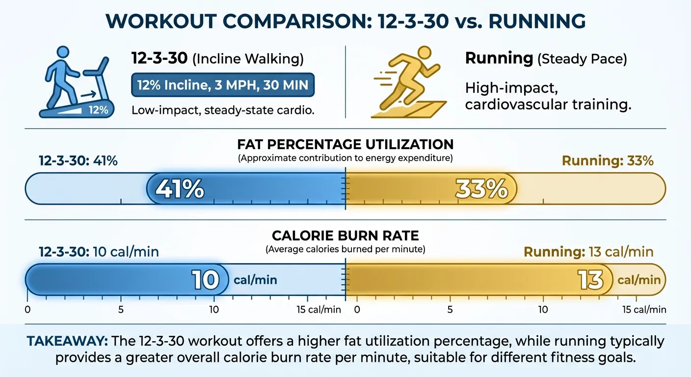 Infographic comparing fat oxidation rates between 12-3-30 and running