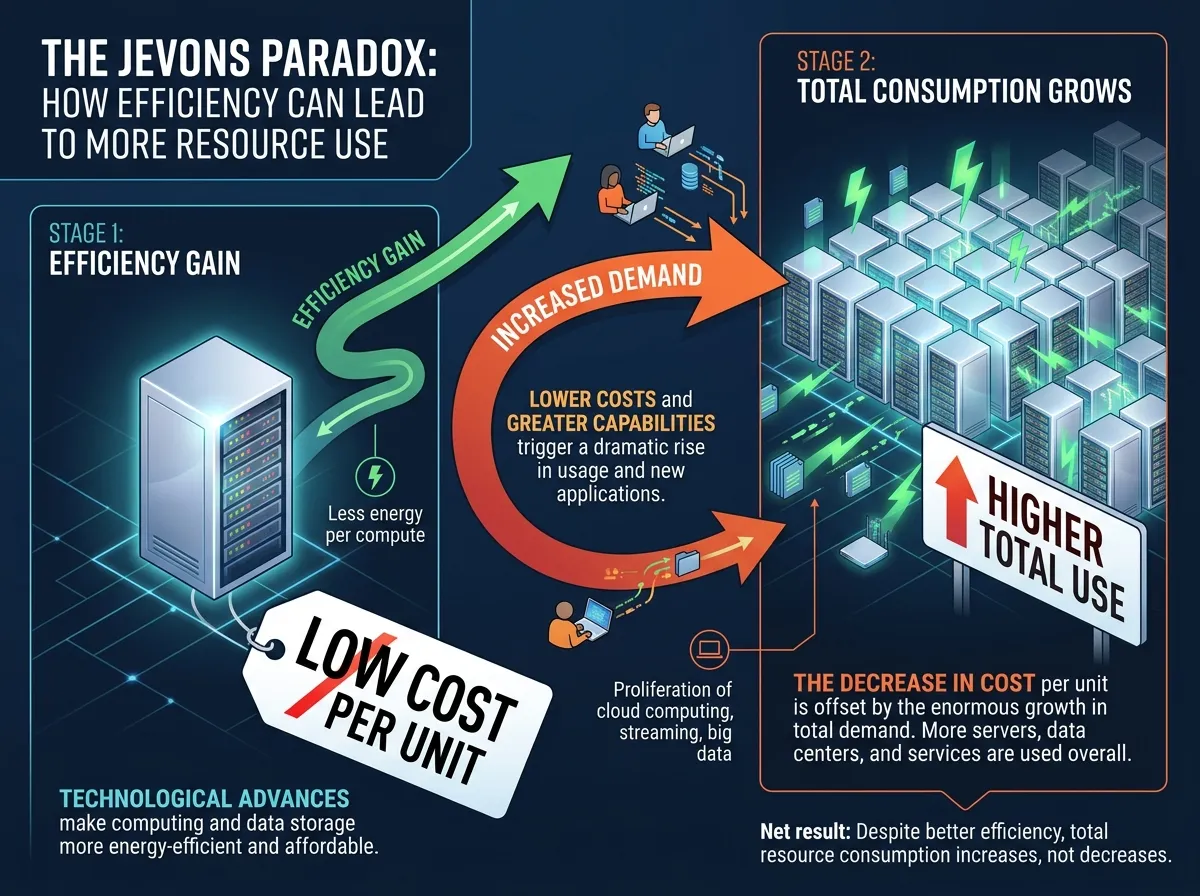 A visual representation of Jevons Paradox showing efficiency leading to increased total consumption