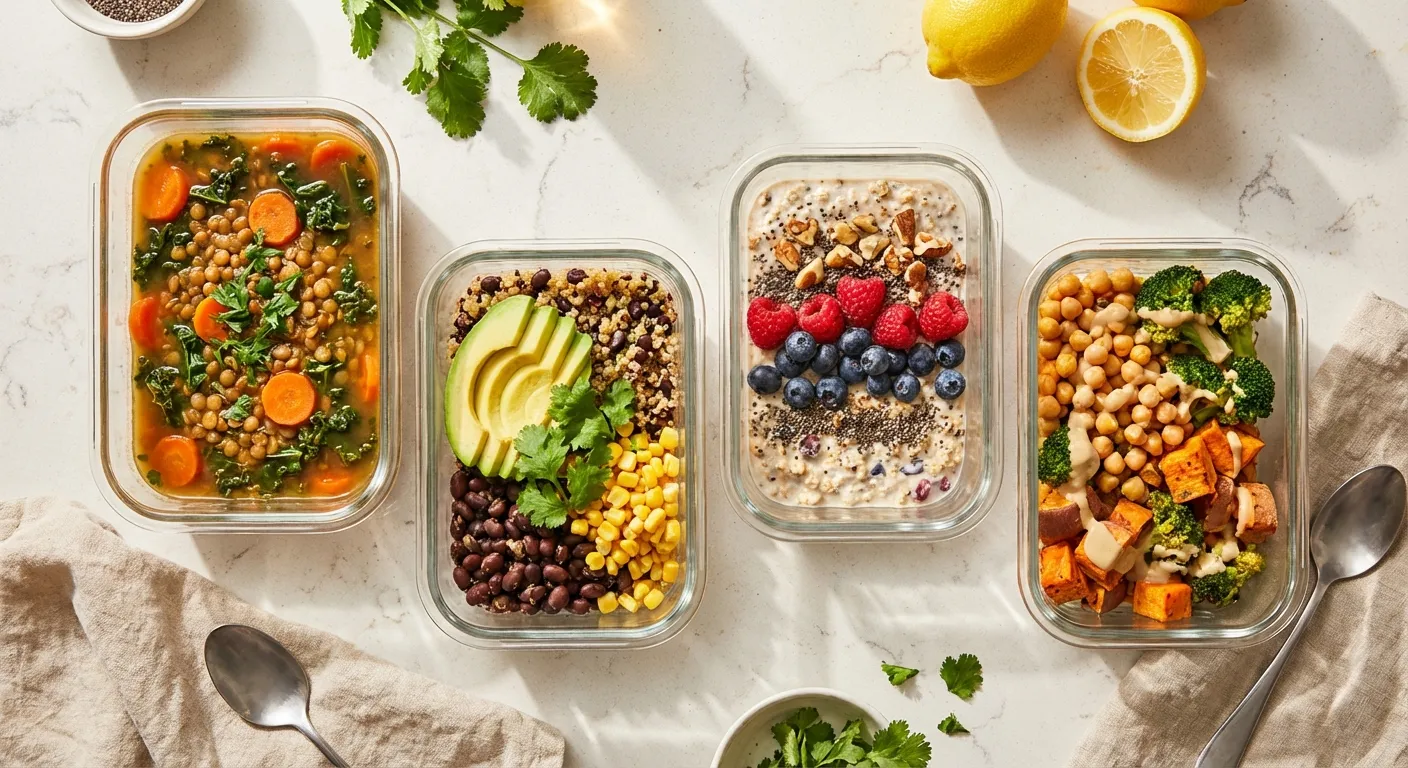 Overhead photo of meal prep containers filled with high-fiber meals featuring beans grains and vegetables