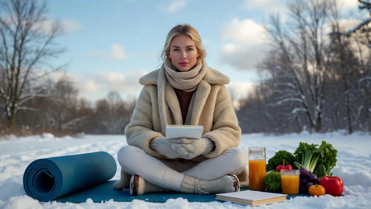 A person walking outdoors in winter sunlight wearing a warm coat