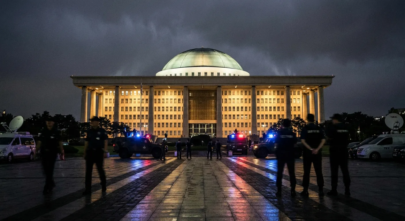 South Korean National Assembly building at night representing site of martial law confrontation