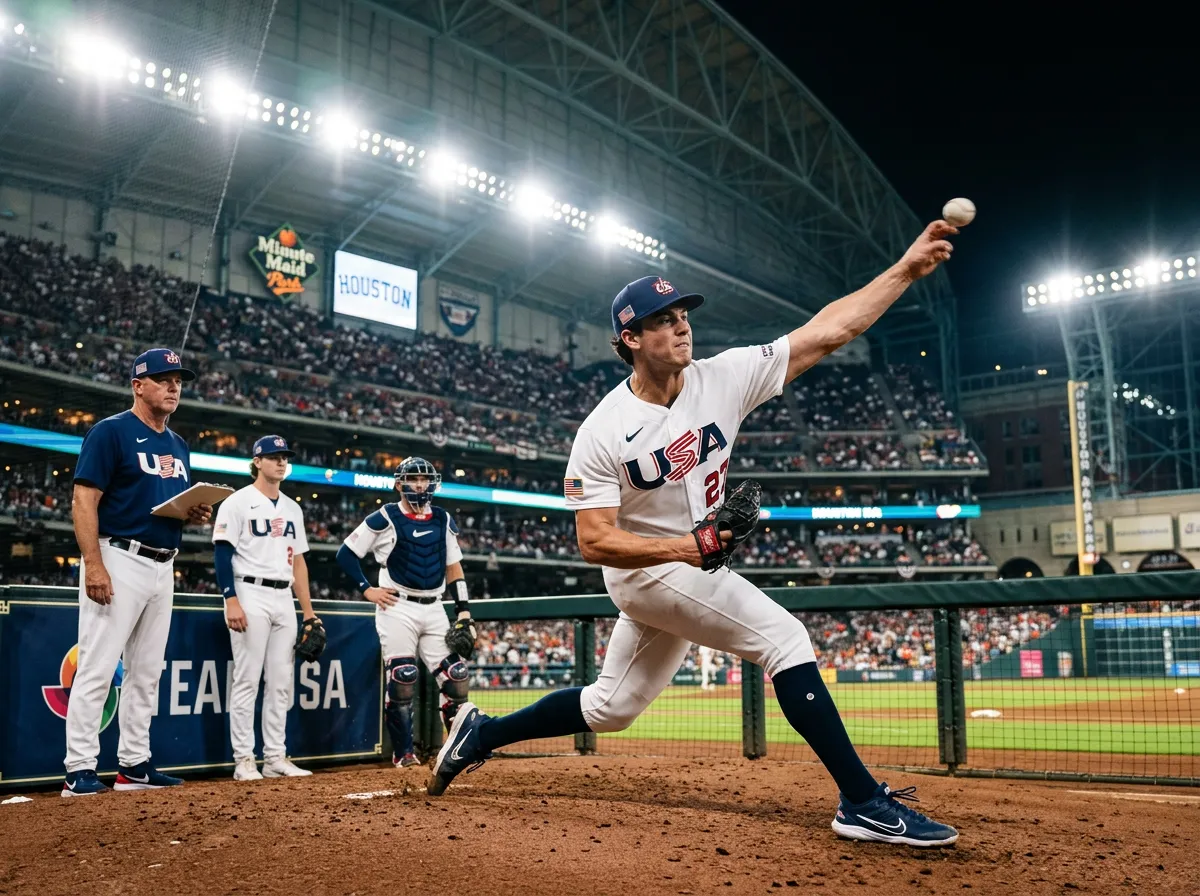 Paul Skenes warming up in bullpen wearing Team USA jersey at World Baseball Classic