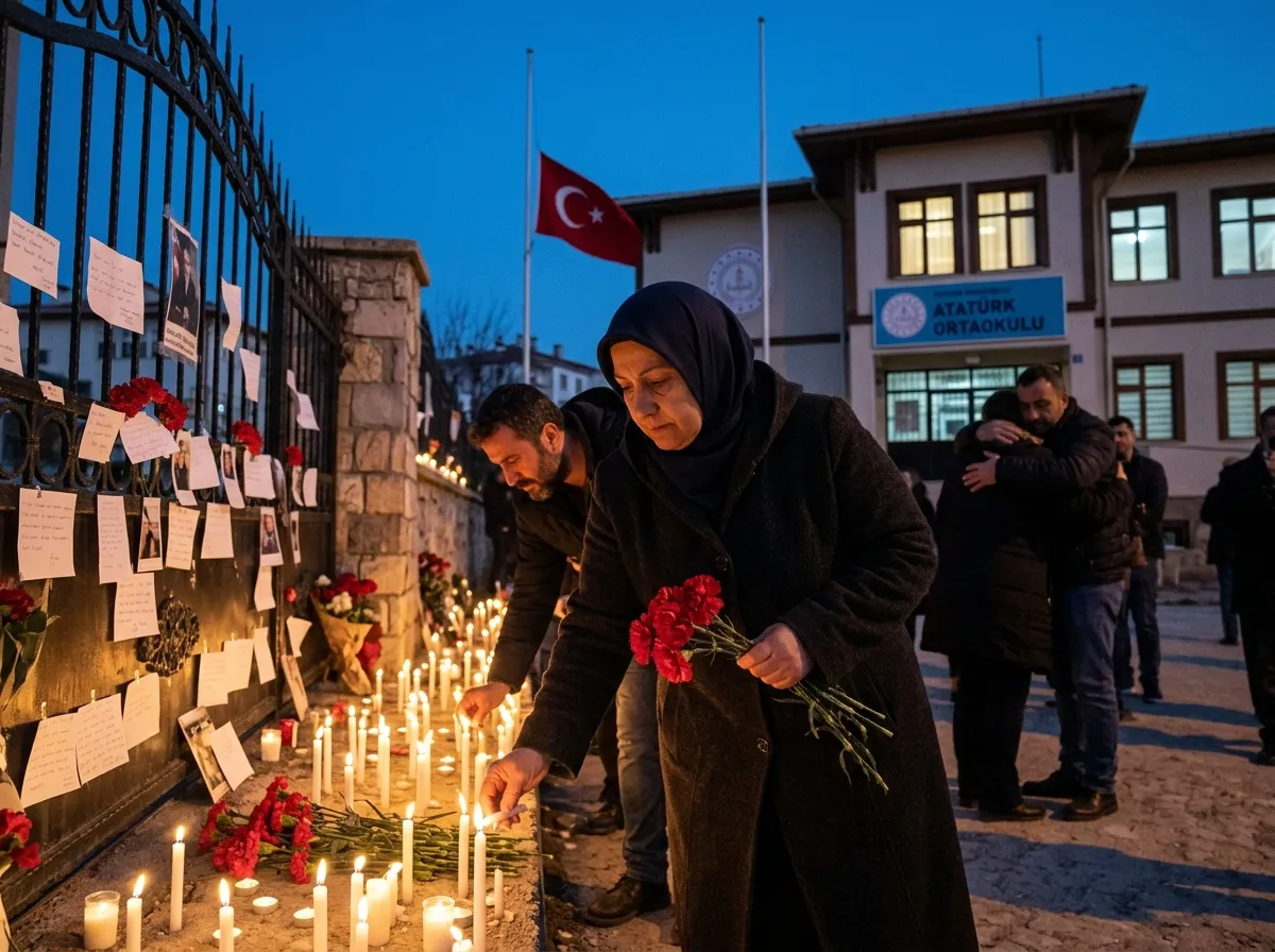 Mourners place candles and flowers outside a Turkish school at dusk