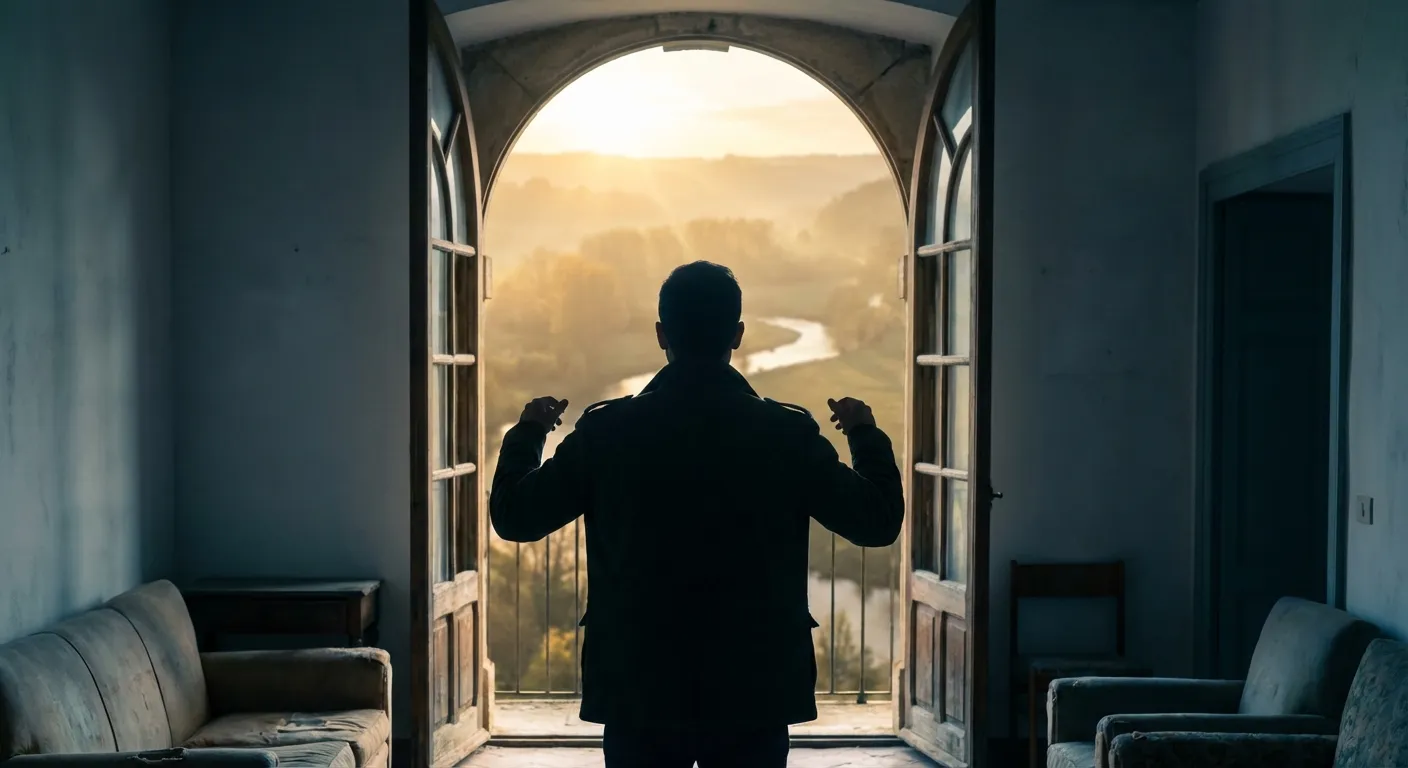 Person standing at threshold of open door looking out into bright sunlit landscape