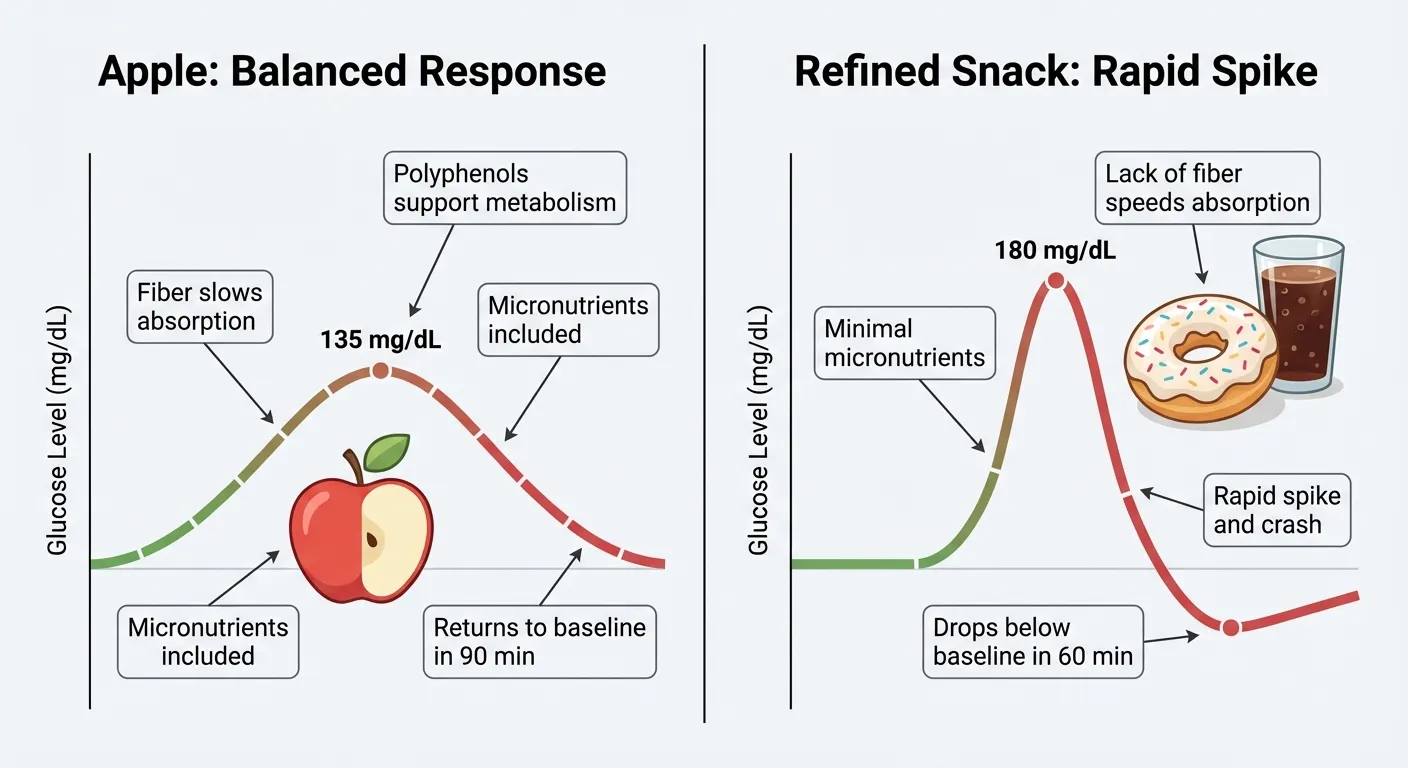 Comparison showing identical glucose spikes from an apple versus a processed snack, with different metabolic contexts
