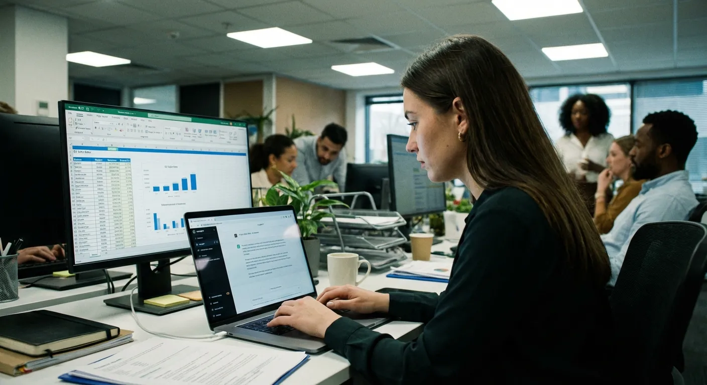 Employee using ChatGPT on laptop at office desk with company data visible