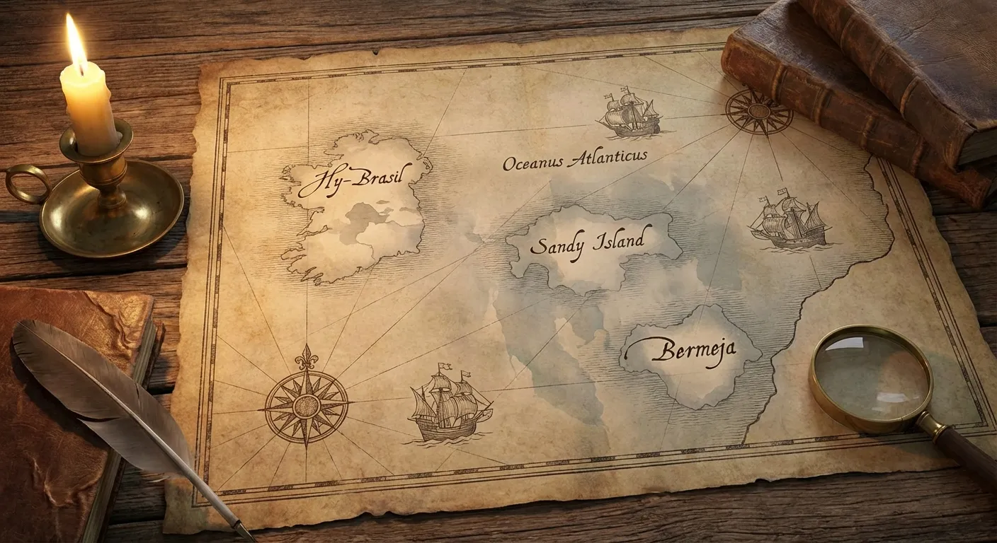 Antique nautical map with mysterious islands fading like ghosts from the parchment surface