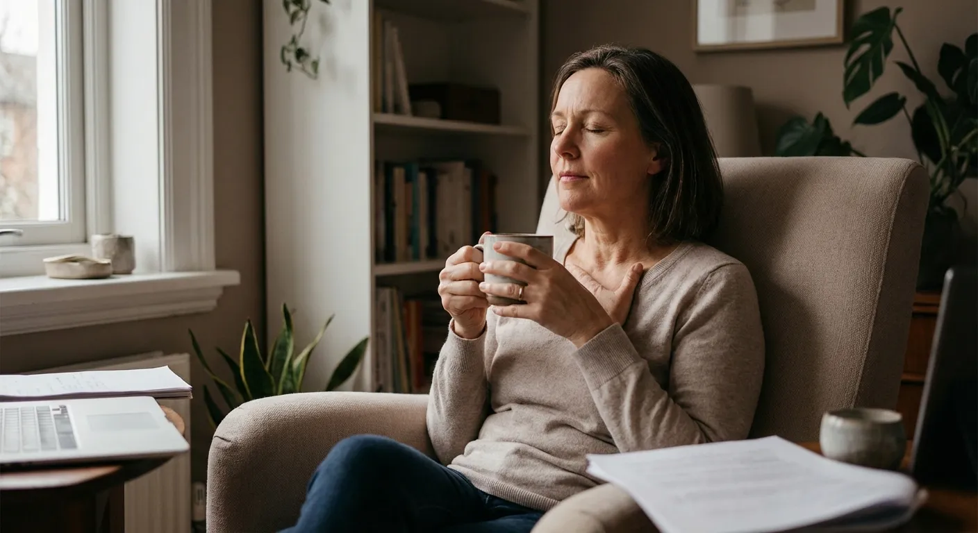 Person taking conscious breath in moment of stillness before responding