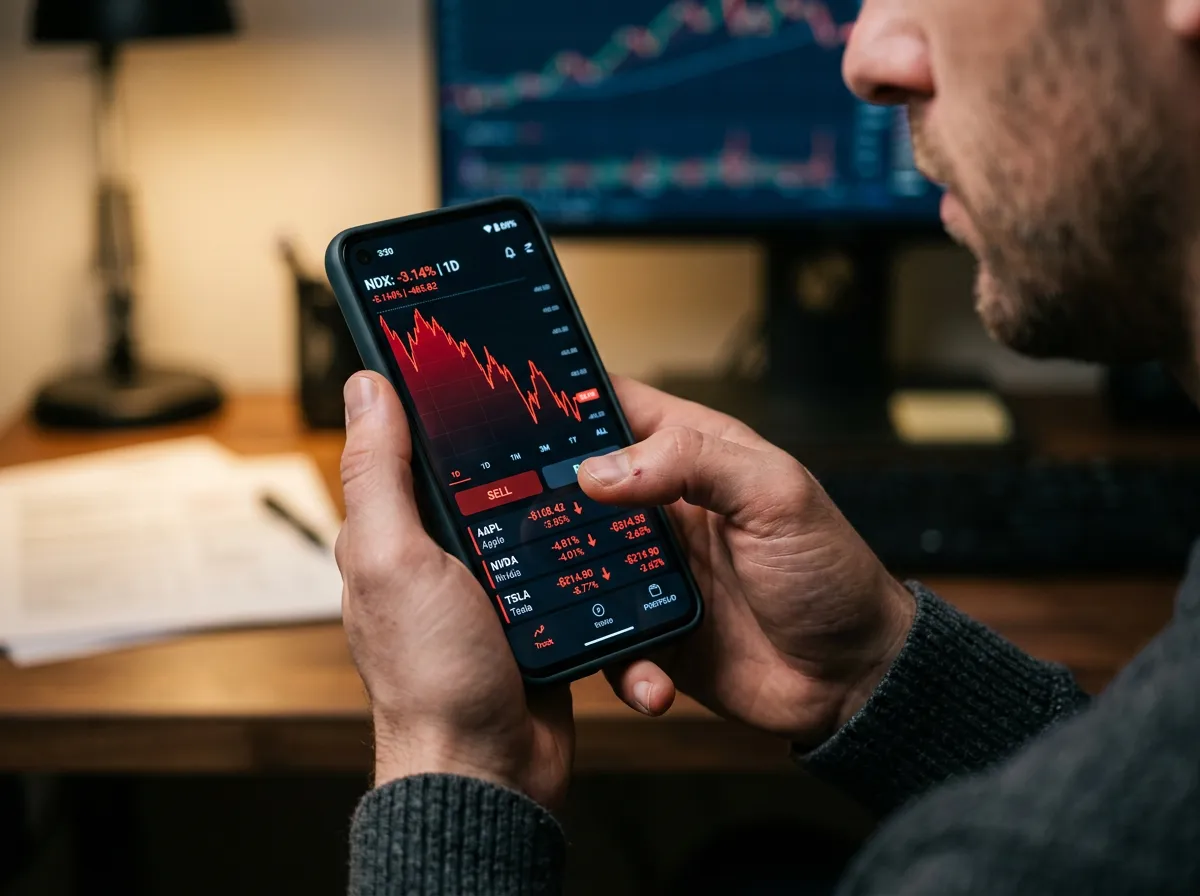 Person looking at a phone displaying stock market charts in red