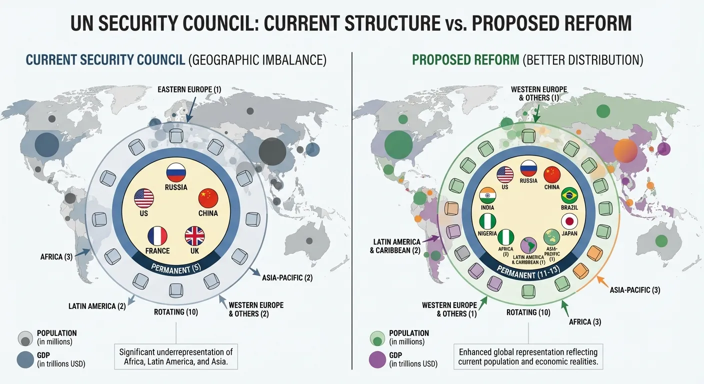 Infographic showing current versus proposed UN Security Council composition with global representation
