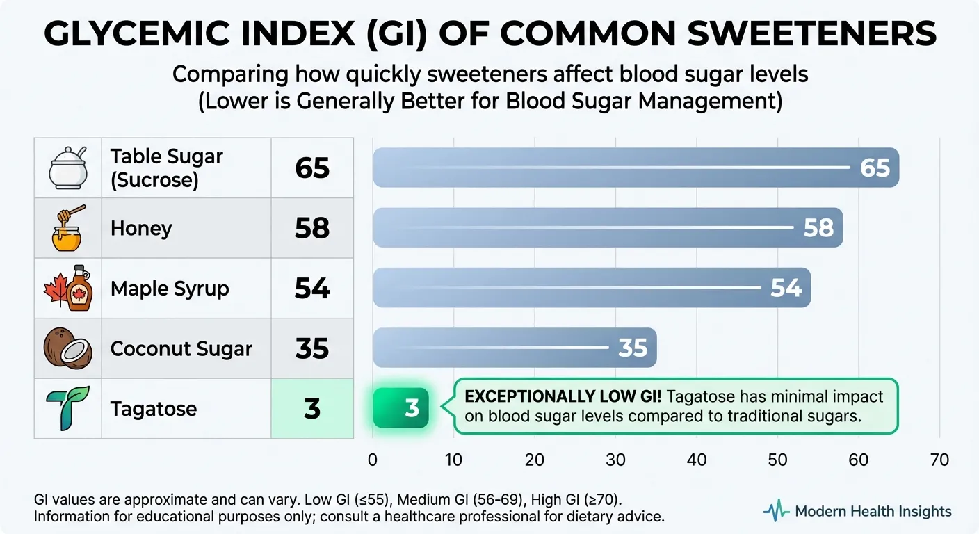 Comparison infographic showing glycemic index of common sweeteners with tagatose highlighted