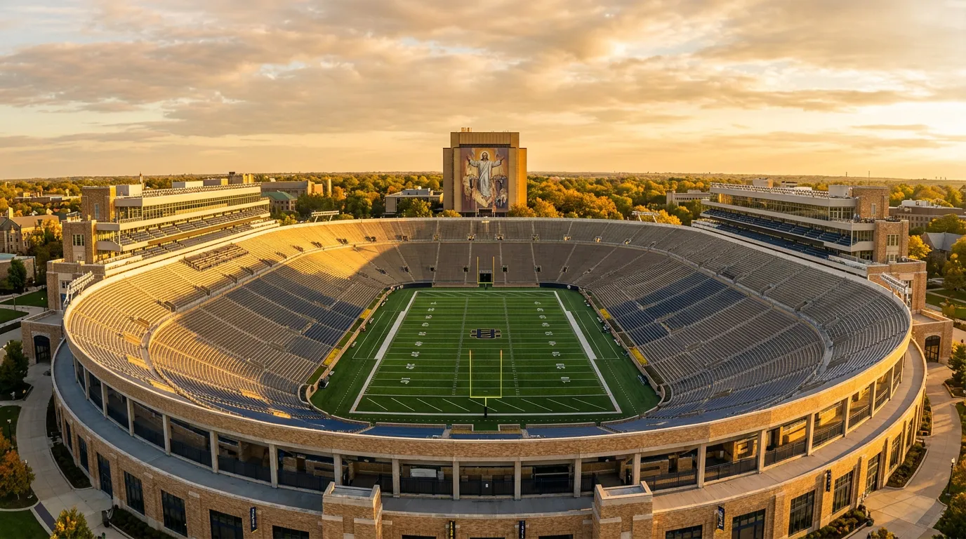 Notre Dame stadium Touchdown Jesus mural visible beyond the football field at golden hour