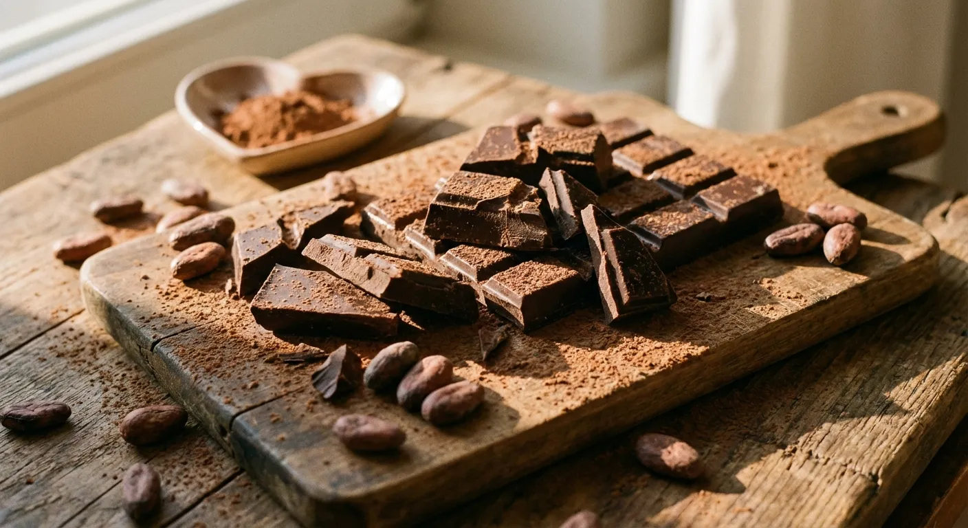 Dark chocolate bar broken into pieces with cocoa beans on a wooden surface