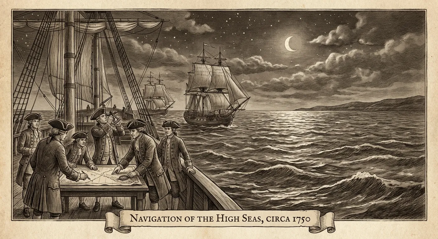 Historical illustration of ships navigating by stars with navigation instruments
