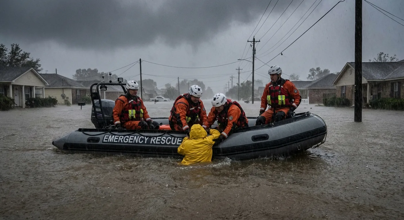 Emergency responders conducting water rescue during flooding