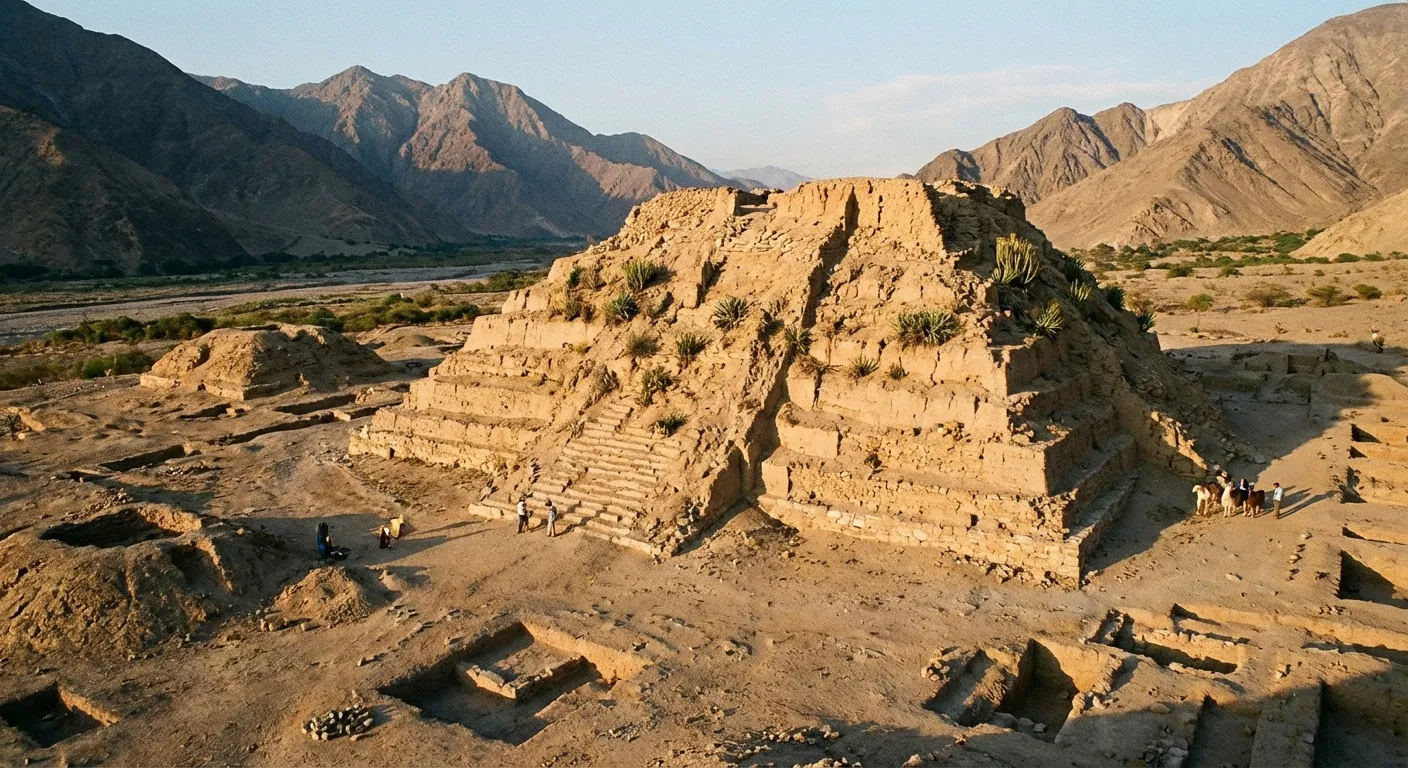 Ancient Peruvian pyramid ruins in desert valley landscape