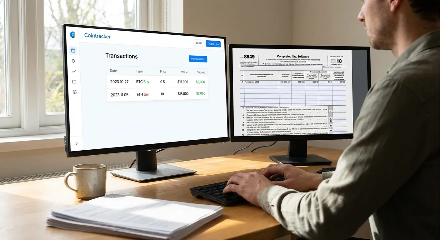 Person using crypto tax software on a computer to generate Form 8949