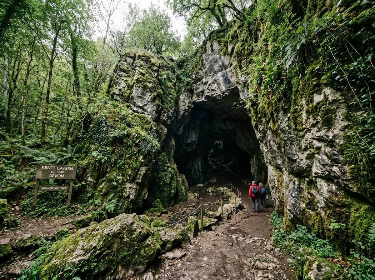 Wide mouth of Kents Cavern with mossy limestone walls and a dirt floor leading into darkness