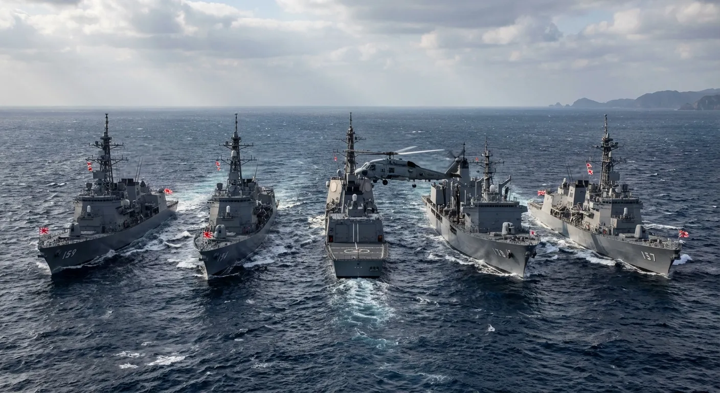 Japanese naval vessels and maritime defense forces conducting exercises in the Pacific