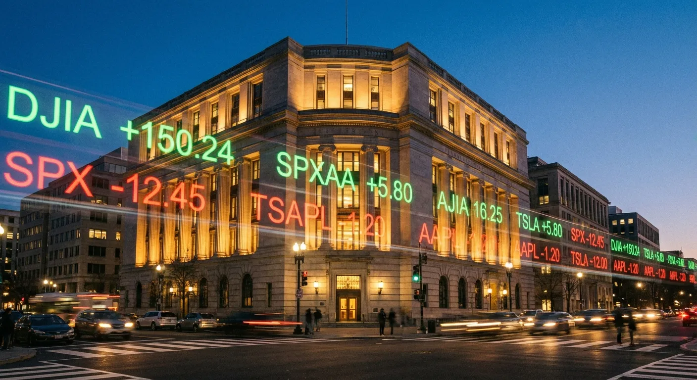 Federal Reserve building facade with stock market ticker overlay showing movement