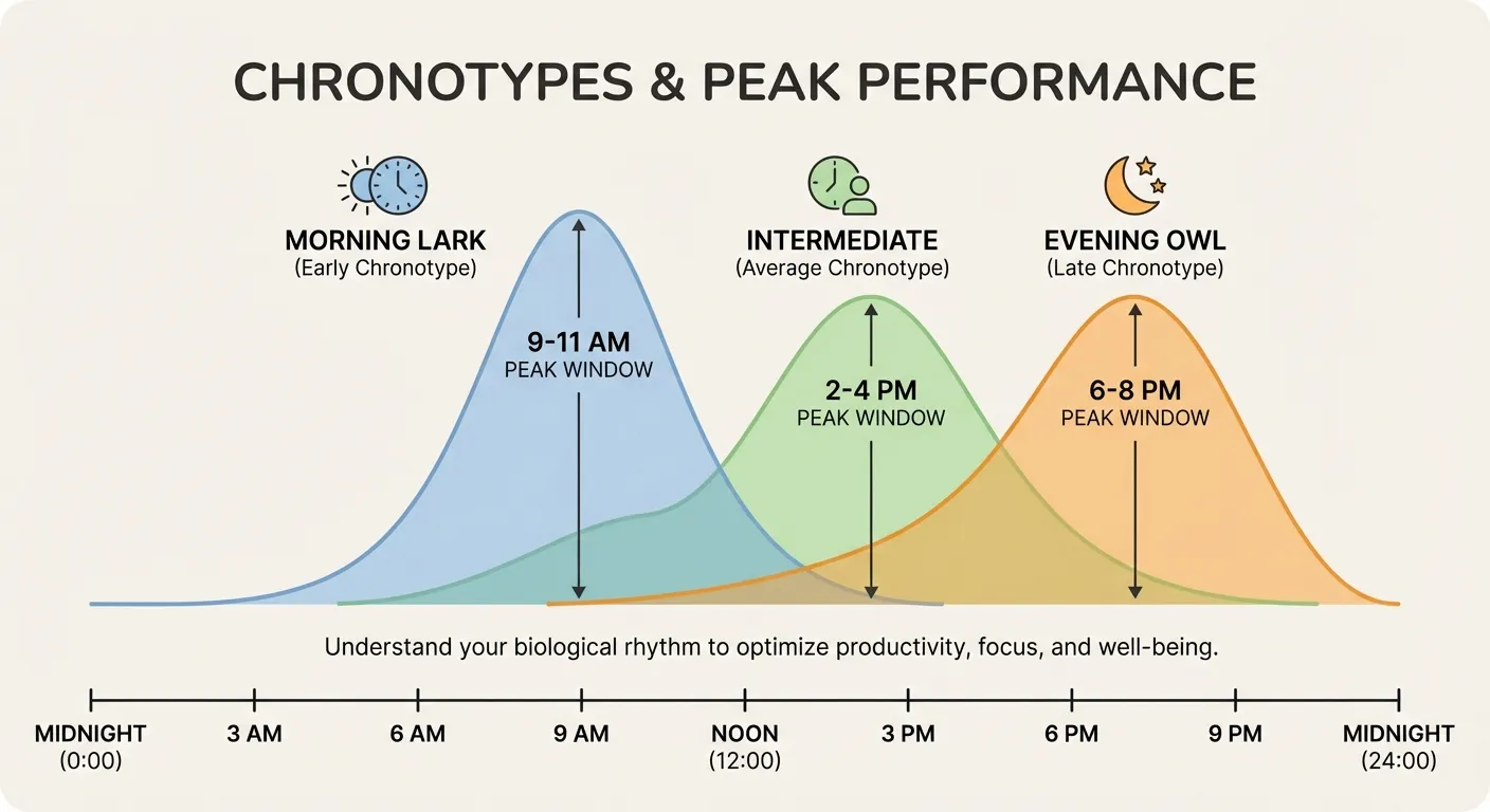 Infographic showing three chronotypes with their peak performance windows throughout the day