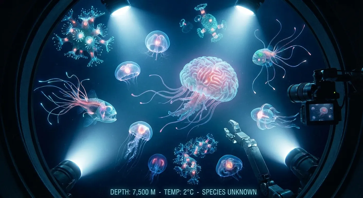 Deep sea submersible discovering bizarre bioluminescent creatures