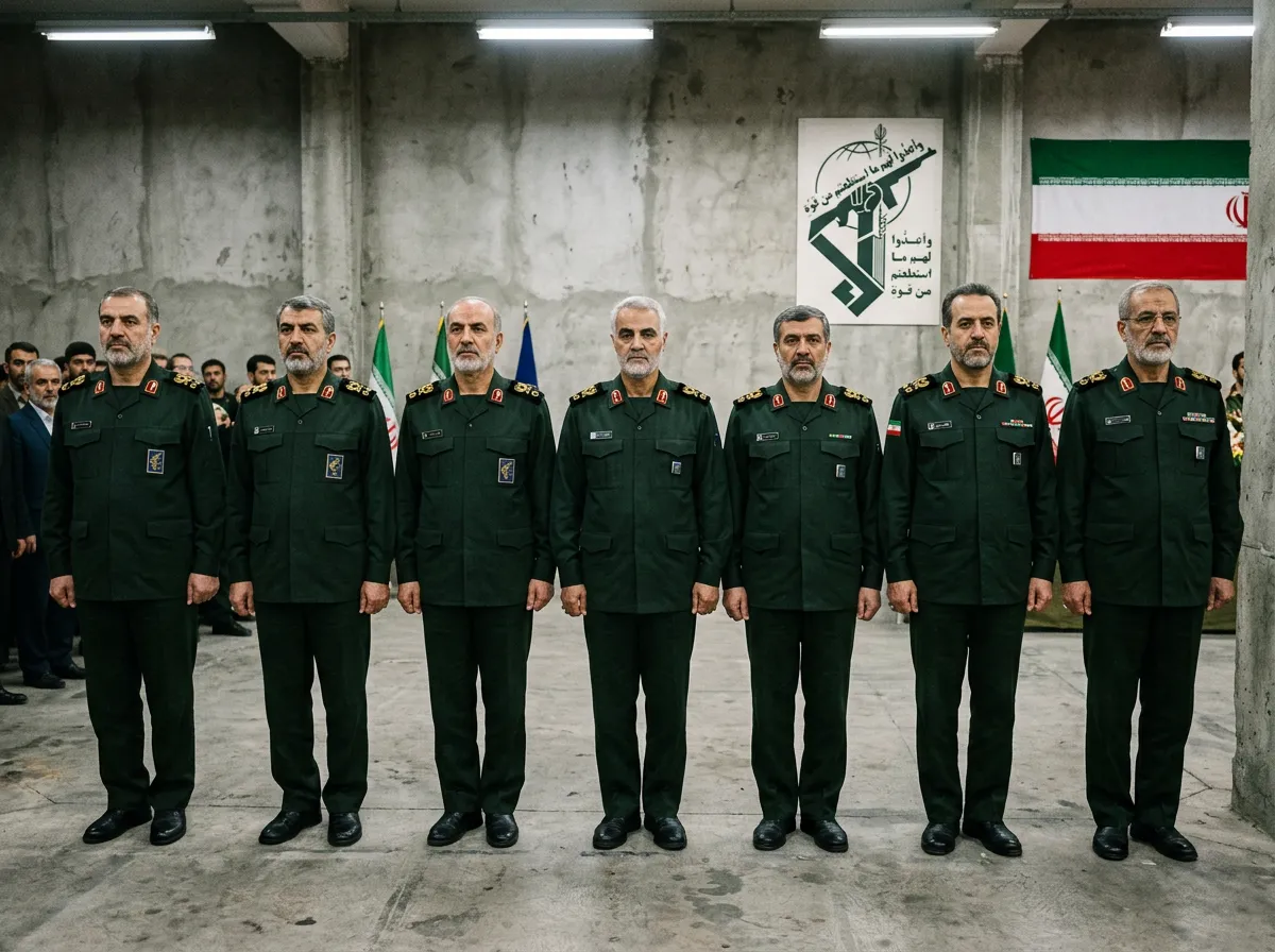 IRGC military commanders in uniform standing in a line at a formal ceremony