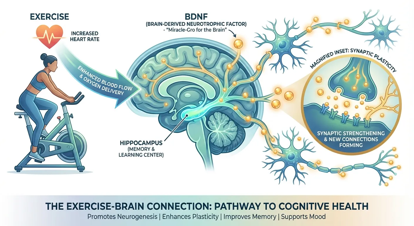 Infographic showing BDNF release and neural pathway strengthening during exercise