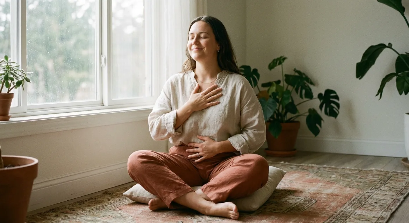 Person practicing deep breathing in a calm setting