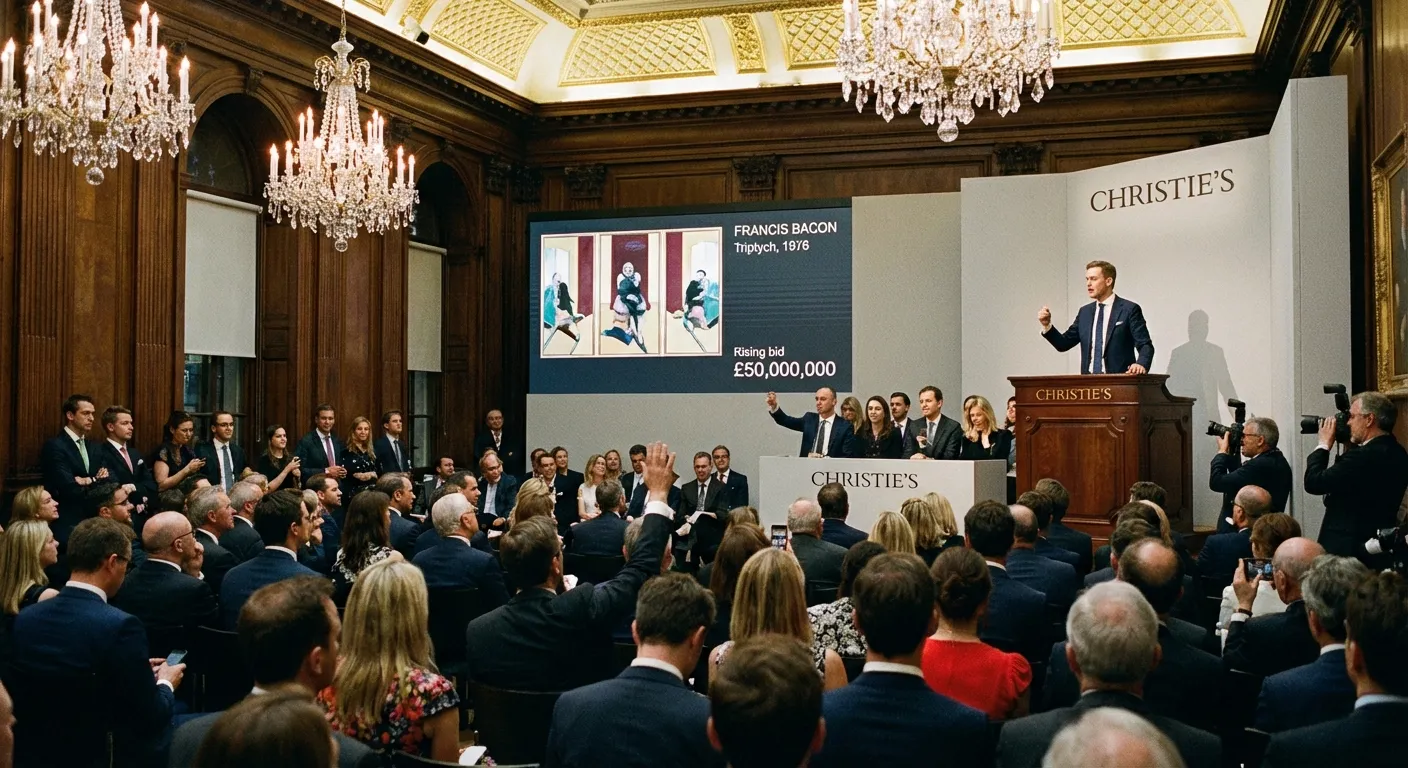 Christie's auction room with bidders competing for luxury art lot