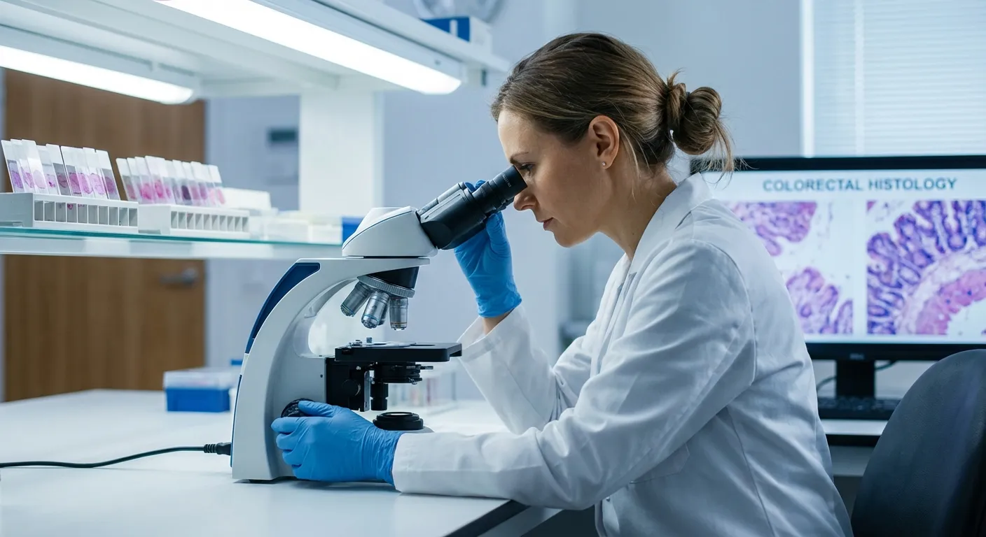 Researcher examining colorectal tissue samples under microscope in laboratory setting