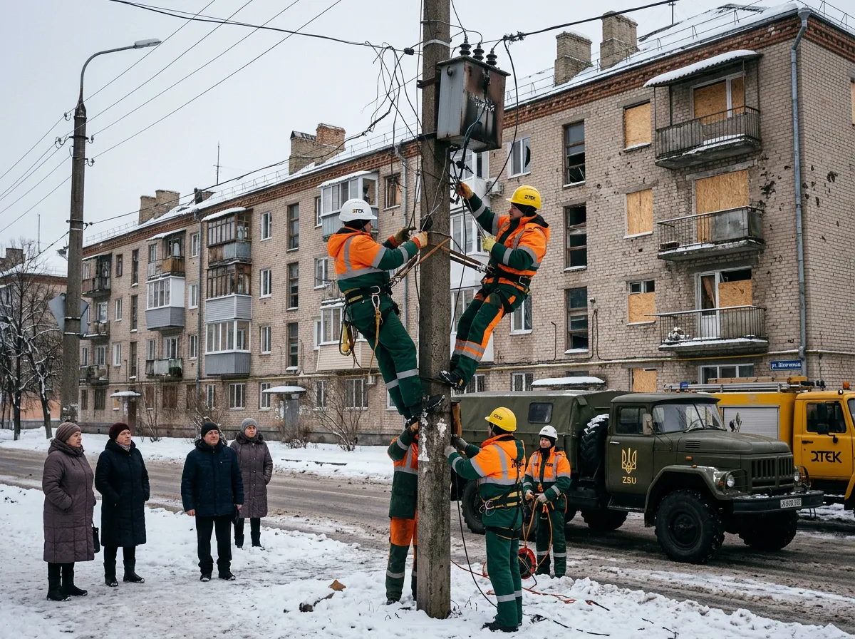 Workers repairing damaged electrical infrastructure on a snowy street