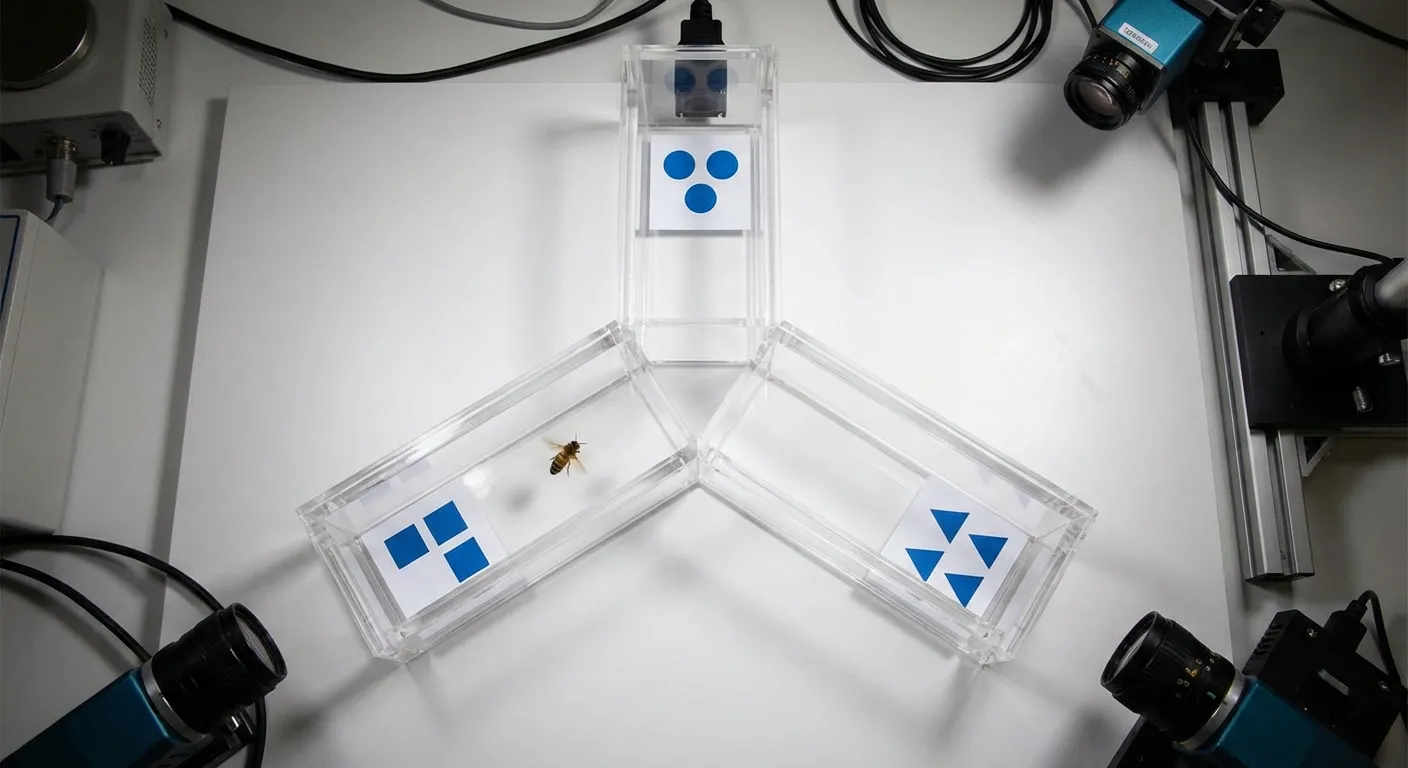 Y-shaped maze used in bee arithmetic experiments with colored shapes at entrances