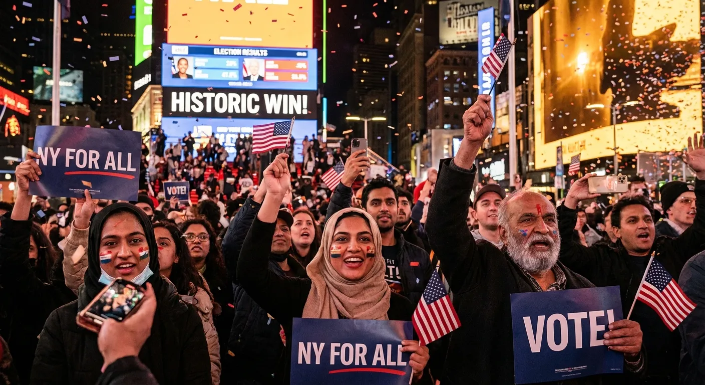 Diverse New Yorkers celebrating at an election night party