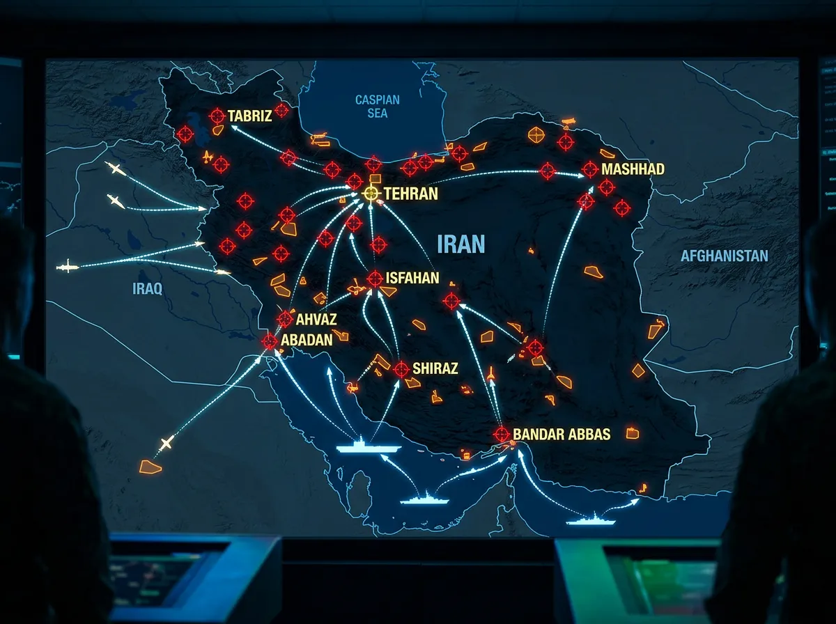 Military operations map showing US and Israeli strike locations across Iran
