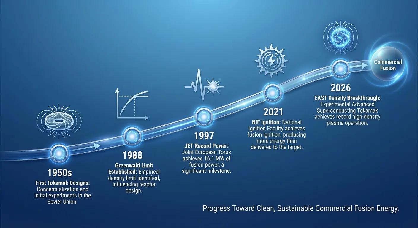 Timeline of fusion milestones from 1950s to 2026 showing major breakthroughs