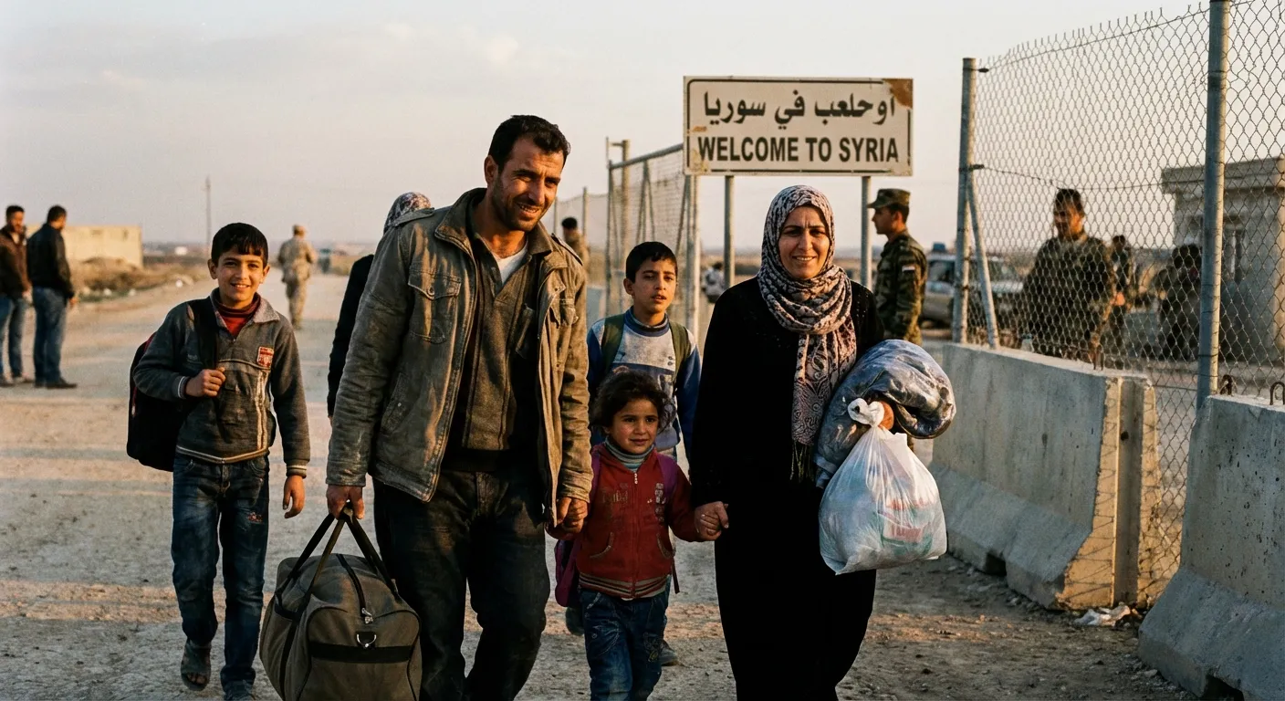 Syrian refugee family returning home crossing border checkpoint with belongings