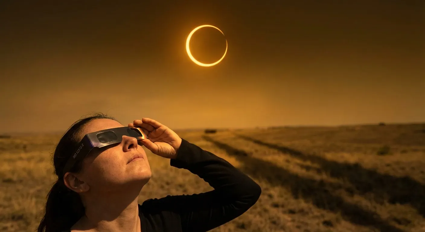 Person wearing eclipse glasses looking up at annular solar eclipse ring of fire