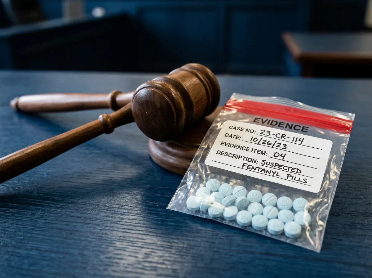 Stylized illustration of fentanyl pills and a gavel representing federal cartel prosecutions