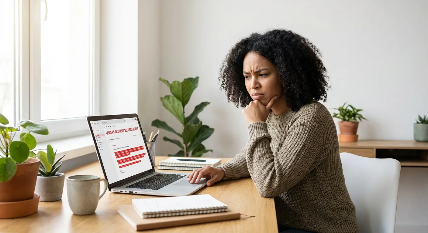 Person looking skeptically at laptop screen while receiving suspicious email