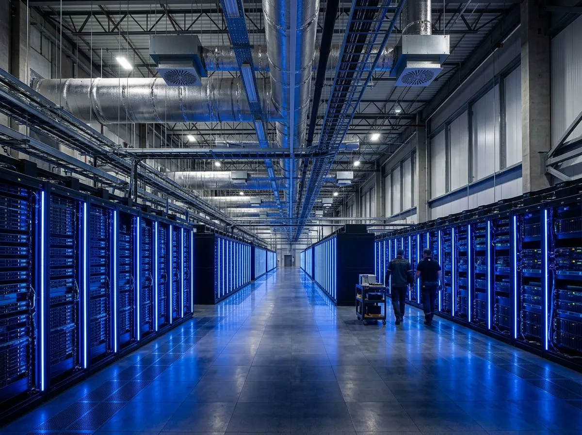 Rows of server racks in a massive AI data center with blue LED lighting