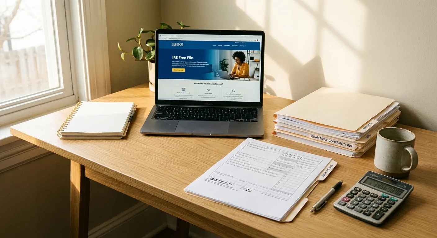 Tax forms and laptop showing IRS Free File website on desk