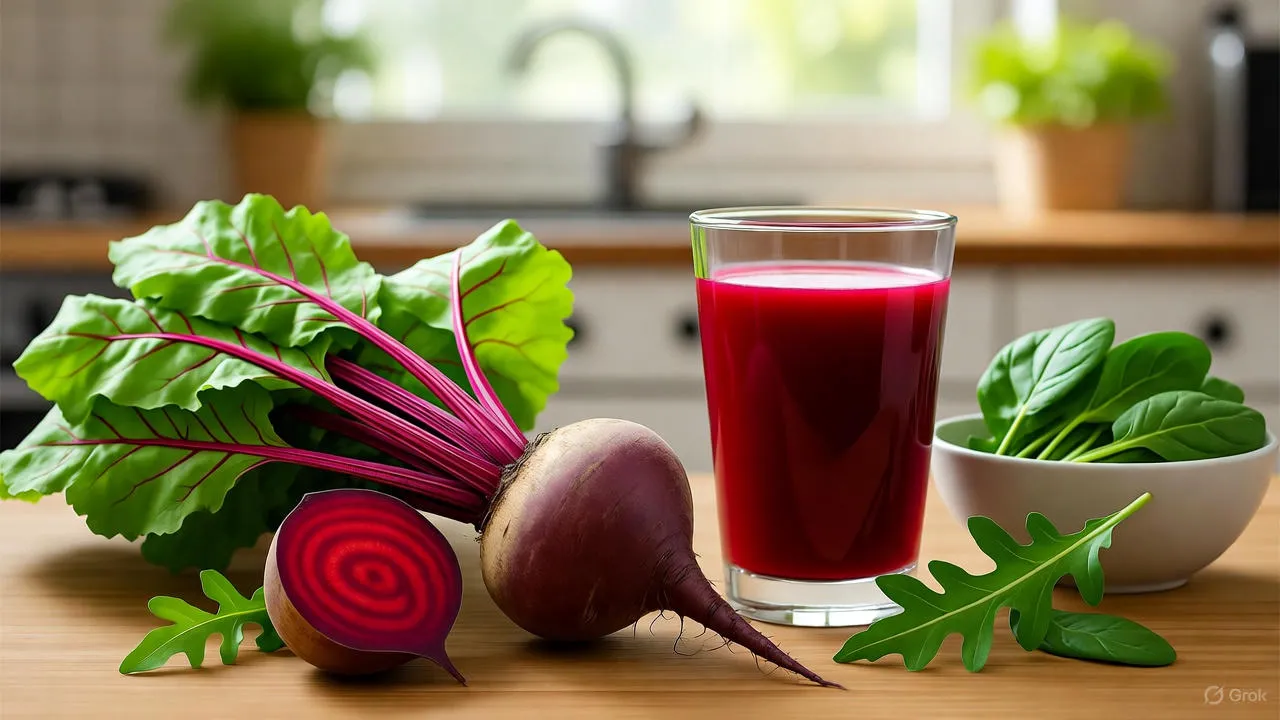 Fresh beetroots and a glass of vibrant red beetroot juice on a wooden cutting board